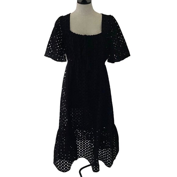 Johnny Was Midi Dress Size Medium Black Misty Pure Cotton Eyelet Square Neck - Picture 9 of 10